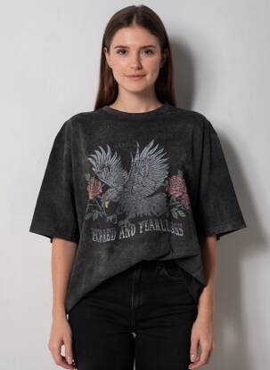Tricou croială dreaptă mâneci scurte negru ROSE GARDEN femeie