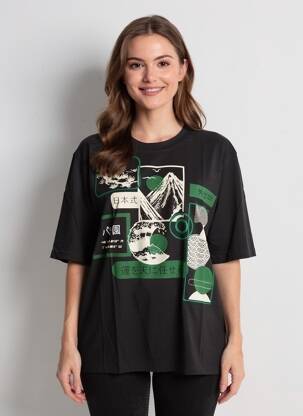 Tricou croială dreaptă mâneci scurte negru ROSE GARDEN femeie