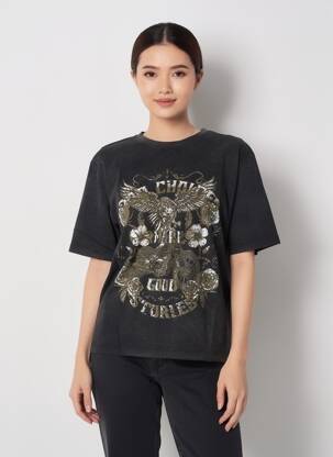 Tricou croială dreaptă mâneci scurte negru ROSE GARDEN femeie