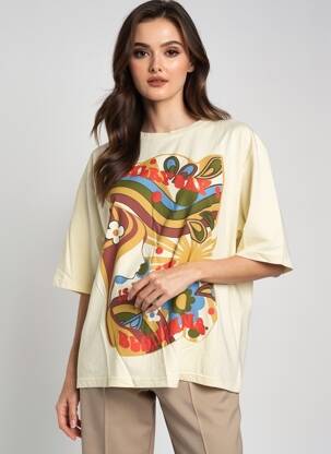 Tricou croială dreaptă mâneci scurte bej ROSE GARDEN femeie