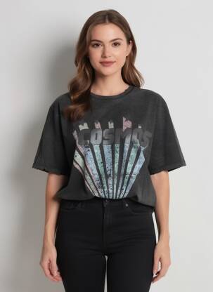 Tricou croială dreaptă mâneci scurte negru ROSE GARDEN femeie