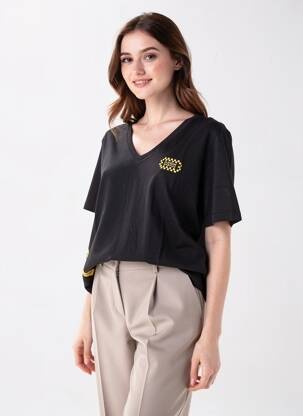 Tricou croială dreaptă mâneci scurte negru ROSE GARDEN femeie
