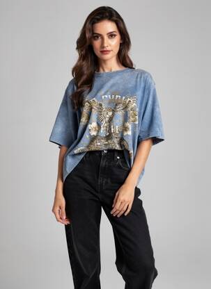 Tricou croială dreaptă mâneci scurte albastru ROSE GARDEN femeie