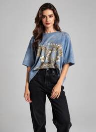 Tricou croială dreaptă mâneci scurte albastru ROSE GARDEN femeie