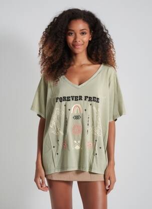 Tricou croială dreaptă mâneci scurte verde ROSE GARDEN femeie