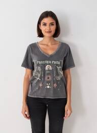Tricou croială dreaptă mâneci scurte negru ROSE GARDEN femeie