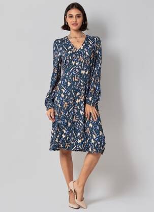 Rochie midi imprimeu fantezie mâneci lungi albastru B.YOUNG femeie