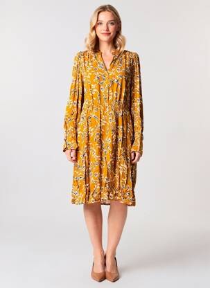 Rochie midi imprimeu floral mâneci lungi galben ICHI femeie