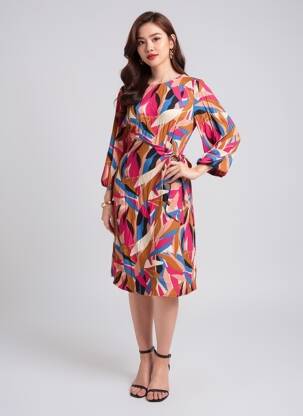 Rochie midi imprimeu fantezie mâneci lungi maro GRACE & MILA femeie