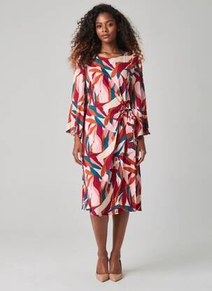Rochie midi imprimeu fantezie mâneci lungi roz GRACE & MILA femeie