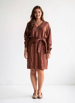 Rochie pulover guler în v mâneci lungi maro B.YOUNG femeie