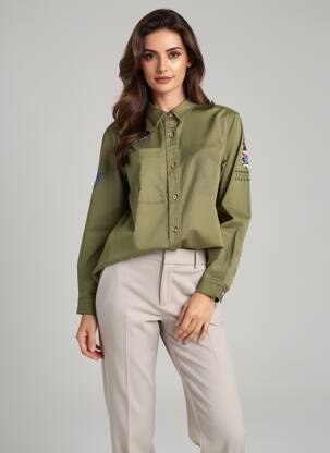Cămașă croială dreaptă mâneci lungi verde ROSE GARDEN femeie