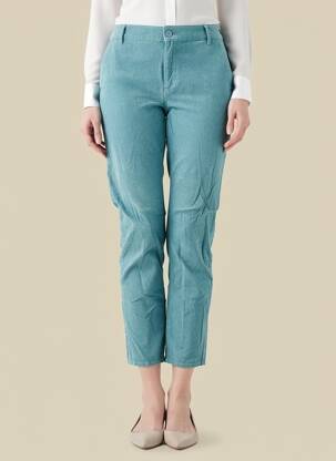 Pantalon 7/8 închidere cu fermoar sub clapetă cu nasturi albastru HAPPY femeie