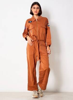 Salopetă-pantalon guler de bluză mâneci lungi maro ROSE GARDEN femeie