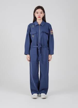 Salopetă-pantalon guler de bluză mâneci lungi albastru ROSE GARDEN femeie