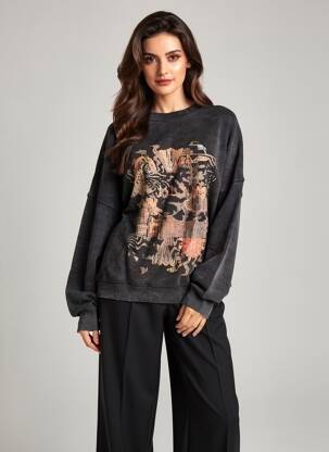 Hanorac serigrafie flockată mâneci lungi negru ROSE GARDEN femeie