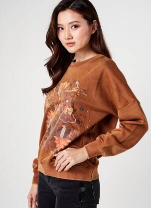 Hanorac serigrafie flockată mâneci lungi maro ROSE GARDEN femeie