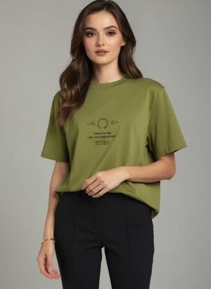 Tricou serigrafie flockată mâneci scurte verde ROSE GARDEN femeie
