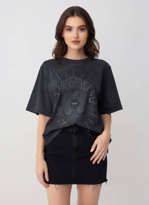 Tricou croială dreaptă mâneci scurte negru ROSE GARDEN femeie