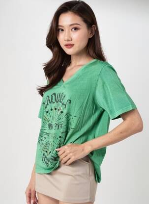Tricou croială dreaptă mâneci scurte verde ROSE GARDEN femeie