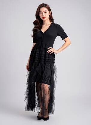 Rochie lungă mâneci scurte mâneci scurte negru MC LORENE femeie
