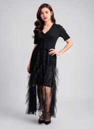 Rochie lungă mâneci scurte mâneci scurte negru MC LORENE femeie