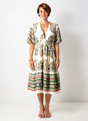 Rochie midi imprimeu fantezie mâneci scurte alb BY ONE femeie