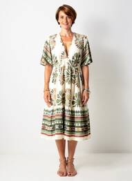 Rochie midi imprimeu fantezie mâneci scurte alb BY ONE femeie