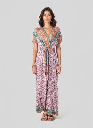 Rochie lungă imprimeu fantezie mâneci scurte roz C'FLO femeie