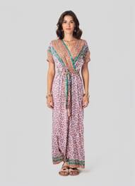 Rochie lungă imprimeu fantezie mâneci scurte roz C'FLO femeie