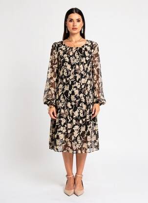 Rochie midi imprimeu fantezie mâneci lungi negru EMMA ELLA femeie