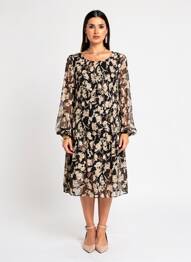 Rochie midi imprimeu fantezie mâneci lungi negru EMMA ELLA femeie