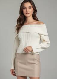 Pulover decolteu bărcuță mâneci lungi bej H&M femeie