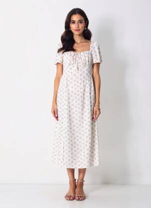 Rochie midi imprimeu floral mâneci scurte alb RIHOAS femeie