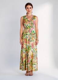 Rochie lungă imprimeu fantezie fără mâneci verde GENUINE femeie