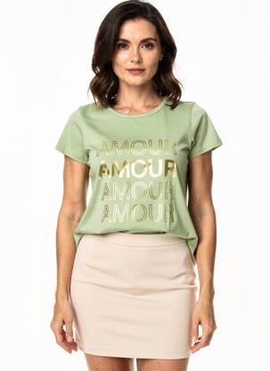 Tricou serigrafie mâneci scurte verde C'EST BEAU LA VIE femeie