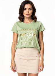 Tricou serigrafie mâneci scurte verde C'EST BEAU LA VIE femeie