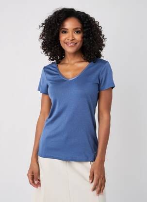 Tricou guler în v mâneci scurte albastru C'EST BEAU LA VIE femeie
