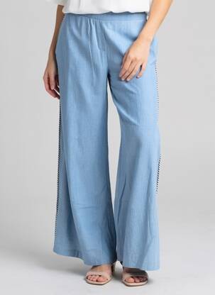 Pantalon larg țesătură poplin mărime normală albastru PLEASE femeie