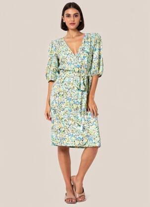 Rochie midi imprimeu floral mâneci scurte verde FREEMAN T.PORTER femeie