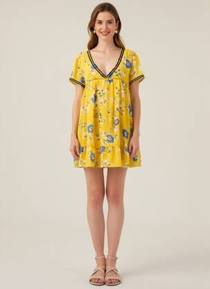 Rochie scurtă croială fluidă mâneci scurte galben TEDDY SMITH femeie