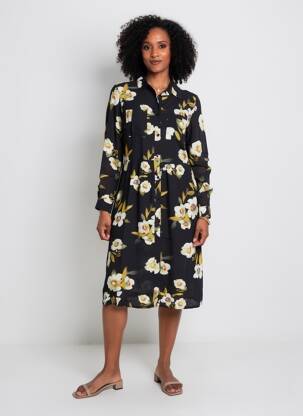 Rochie midi imprimeu floral mâneci lungi negru EMILIE.K femeie
