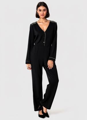 Salopetă-pantalon țesătură crep mâneci lungi negru CHERRY PARIS femeie