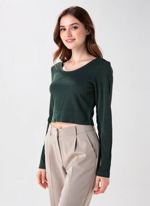 Top elasticitate mâneci lungi verde ONLY femeie