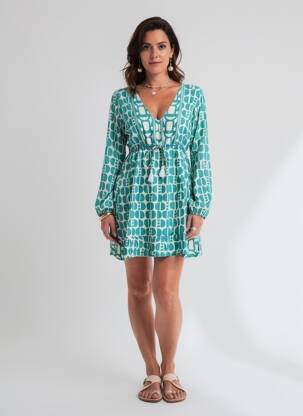 Rochie scurtă croială evazată mâneci lungi verde ISLA BONITA femeie