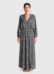 Rochie lungă imprimeu fantezie mâneci lungi negru TERRE ROUGE femeie
