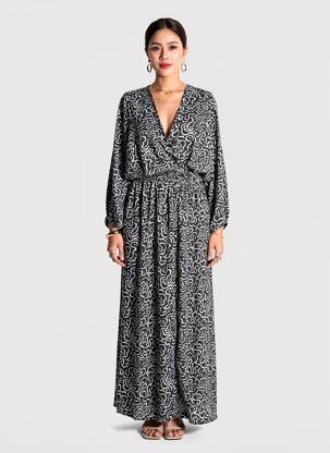 Rochie lungă imprimeu fantezie mâneci lungi negru TERRE ROUGE femeie