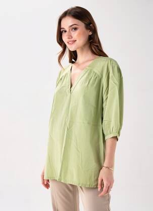 Bluză țesătură poplin mâneci 3/4 verde COUTURIST femeie