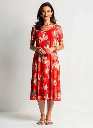 Rochie midi imprimeu floral mâneci scurte roșu GRIFFON femeie