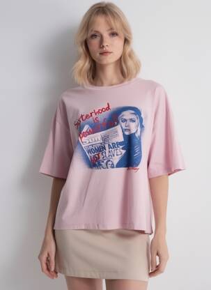 Tricou serigrafie mâneci scurte roz NINE TEES femeie